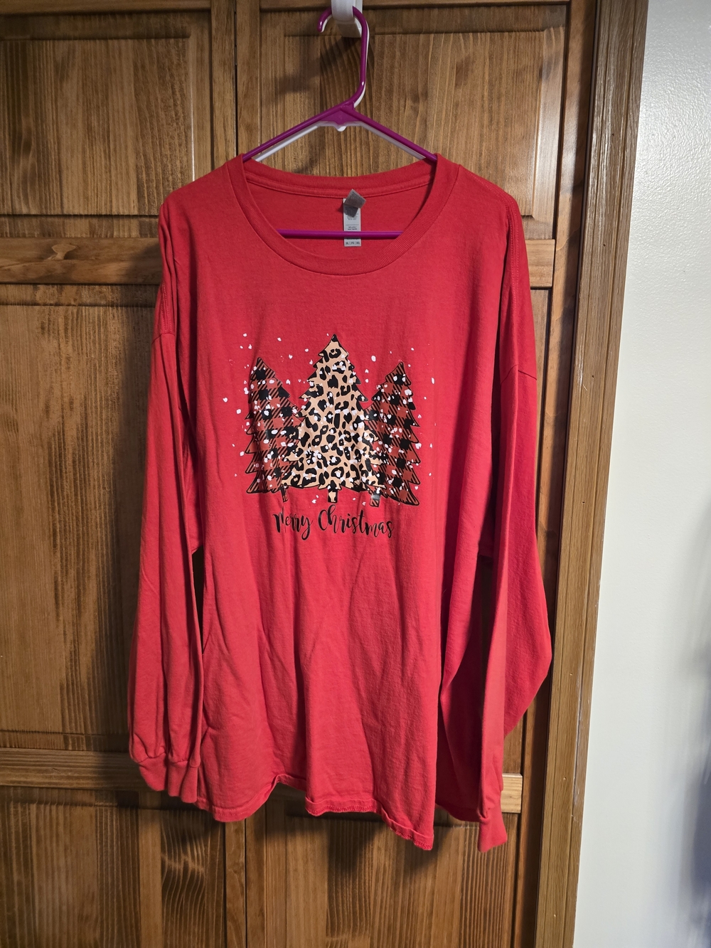 Gildan Red Long Sleeve Tee with Leopard & Plaid Tree Graphic Christmas